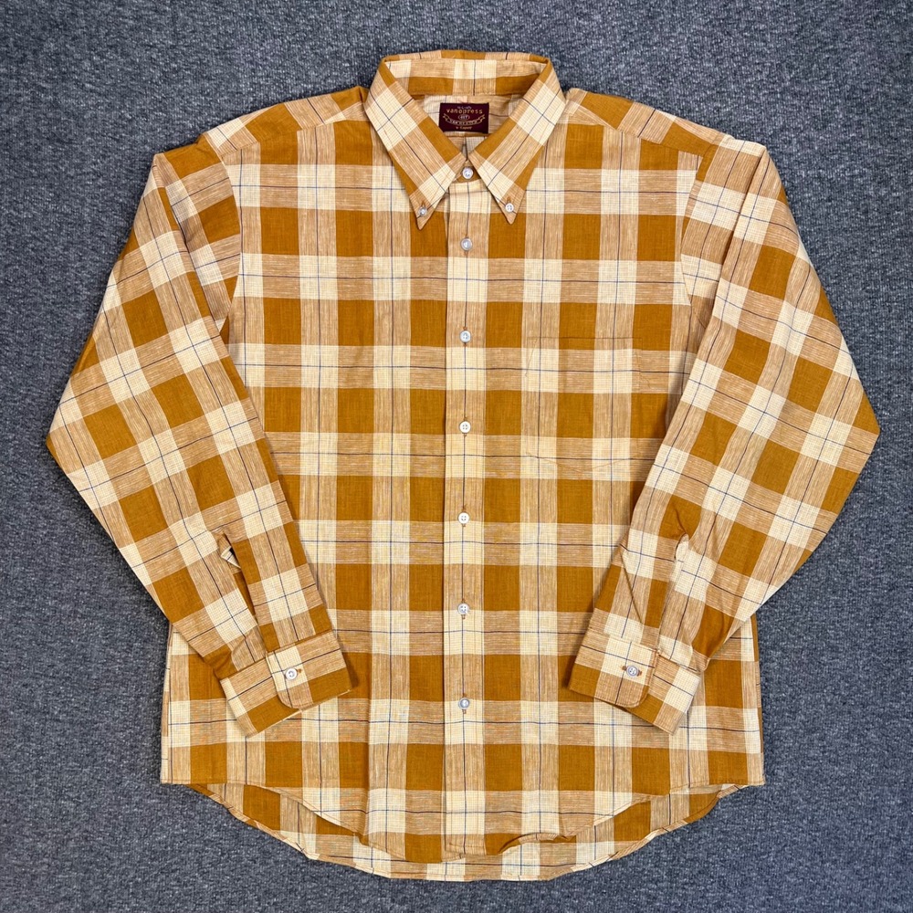 VTG 60s Van Heusen Mens L Yellow Vanopress 417 Checkered Linen Button Down Retro